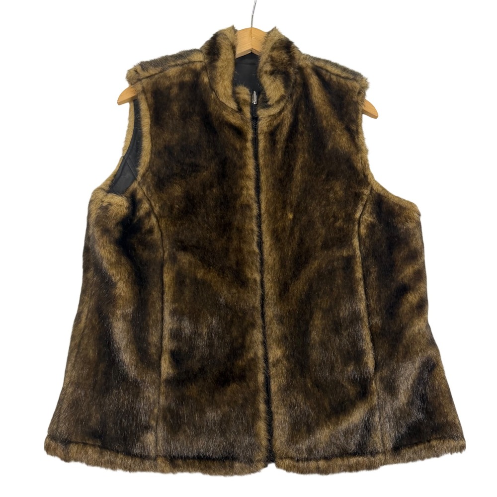 Braetan Faux Fur Vest Brown Multi Full Zip Stand Collar Sleeveless Medium 4485